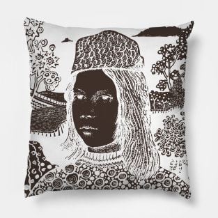 White lines on a dark background. Portrait of a medieval boy. Pillow