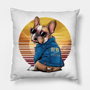 A vibrant vector illustration of a French Bulldog wearing sunglasses and a blue jean jacket, embodying a carefree(2) Pillow