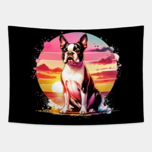 Watercolor Boston Terrier Sunset Tapestry