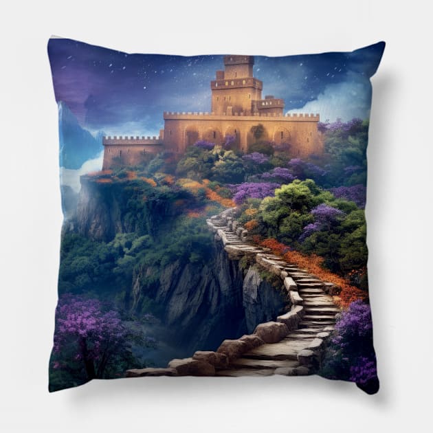 Fortress Castle Otherworldly Dimension Fantastic Landscape Surrealist Pillow by Cubebox