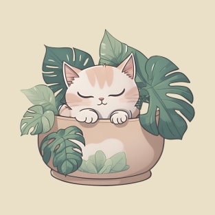 Cute Sleeping Kawaii Cat in Plant Pot T-Shirt