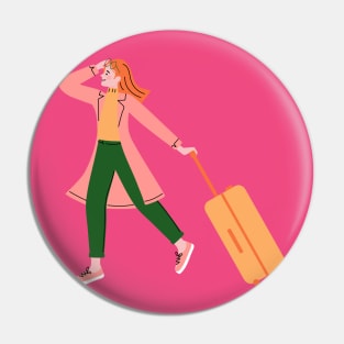 Happy Woman Solo Traveler with Luggage Pin