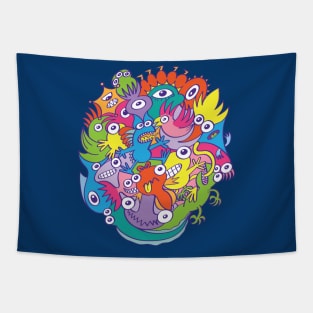 Funny monsters parade in doodle art style Tapestry