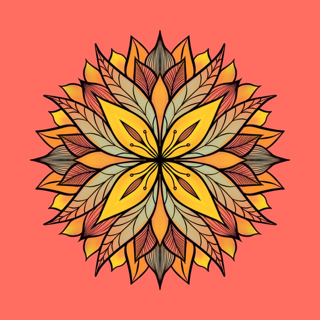 Colorful Floral Mandala Abstract In Yellow And Coral by Boriana Giormova