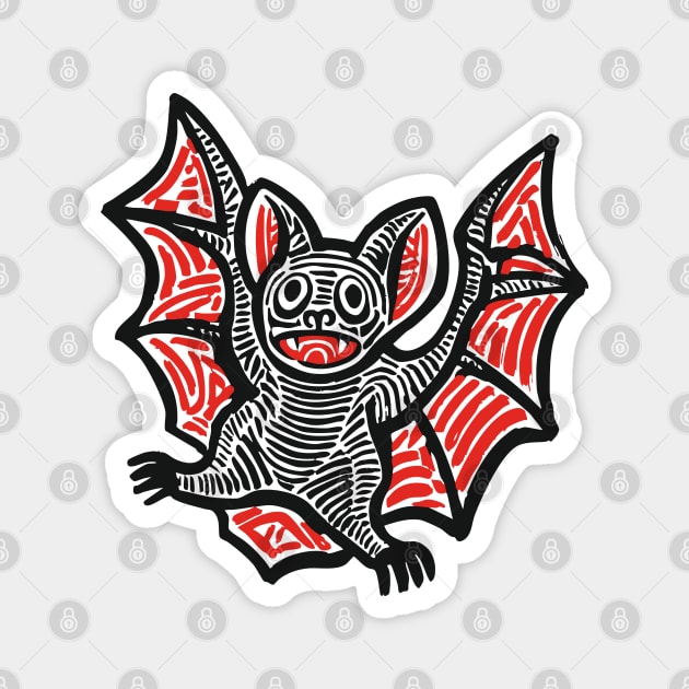 Cute Bat Linocut Art for Spooky Nursery or Kids Halloween Magnet by TuncGK
