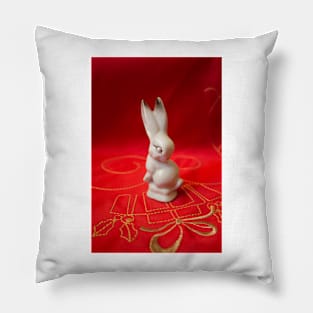 White bunny on red background Pillow