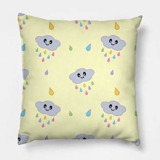 Kawaii Cute Raining Rainbow Clouds Pattern in Yellow Pillow