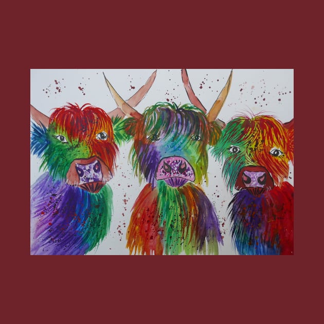 Three Funny Colourful  Highland Cows by Casimirasquirkyart