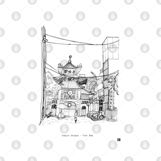 Saigon Old Temple Vietnam Pen and Ink Illustration by Wall-Art-Sketch