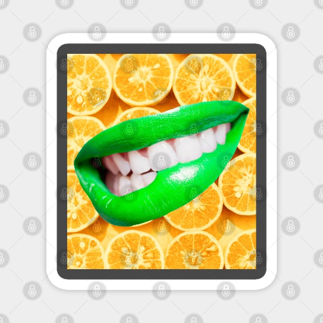 Luscious green lips on a background of zesty oranges Magnet by CheeseOnBread