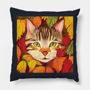 Tabby Kitten in Fall Leaves Pillow