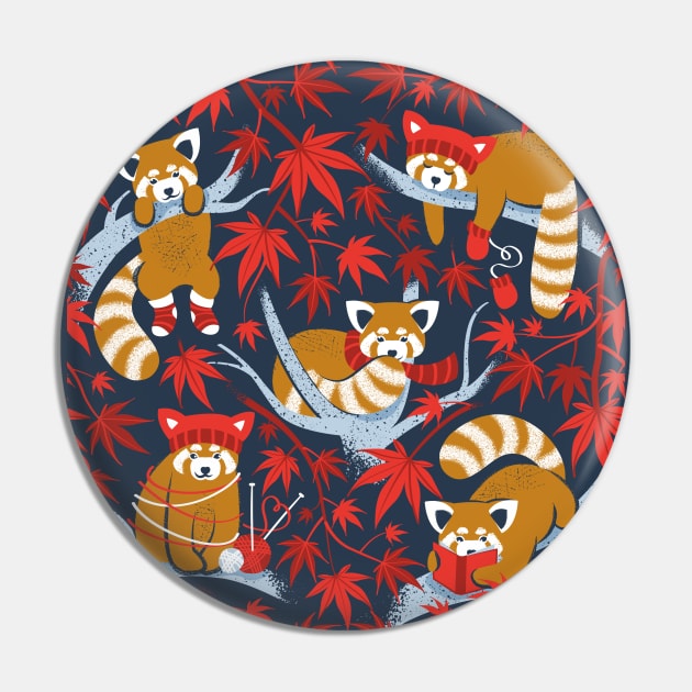 Red panda blending with the foliage // navy background desert sun brown cozy animals fog blue tree branches red acer leaves Pin by SelmaCardoso