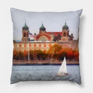 Manhattan NY - Sailboat by Ellis Island Pillow