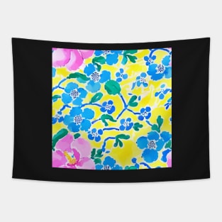 Pink and blue preppy flowers on yellow Tapestry