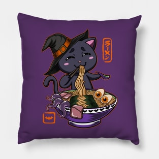 Halloween Kawaii chibi Ramen Magical Witch Black cat monster design Pillow