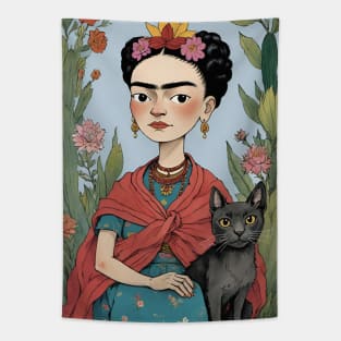 Frida and Her Feline Friend: Cartoon Illustration Tapestry