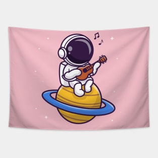 Cute Astronaut Playing Guitar On Planet Cartoon Tapestry