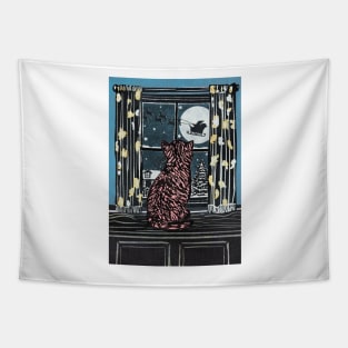 Christmas Linoprint Cat sitting on a windowsill watching Santa fly through the night on his sleigh full of gifts Tapestry