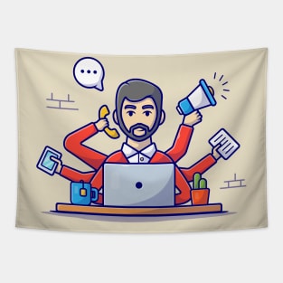 Cute Man Multitasking Cartoon Vector Icon Illustration Tapestry