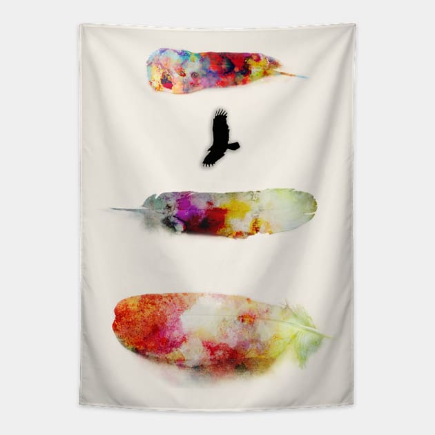 Three Water Colour Feathers and a Bird Tapestry by DyrkWyst