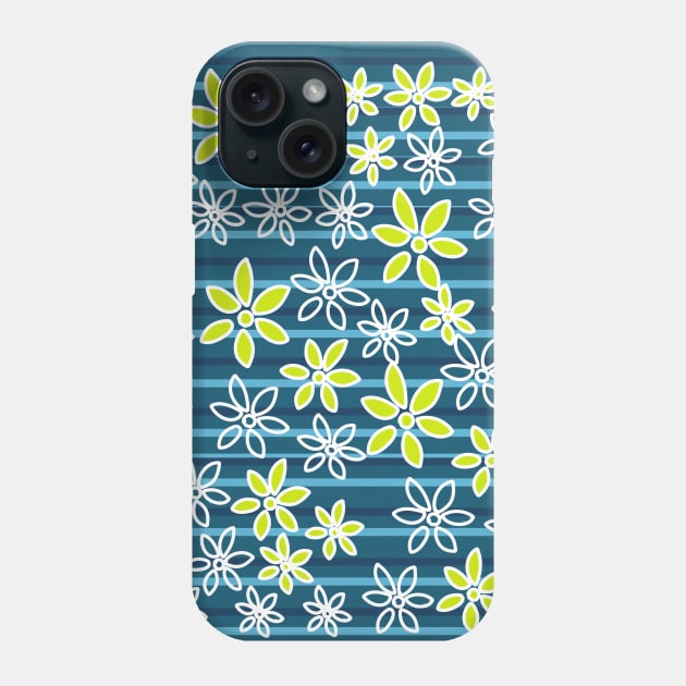 Green Flowers Blue Horizontal Stripes Phone Case by dnlribeiro88