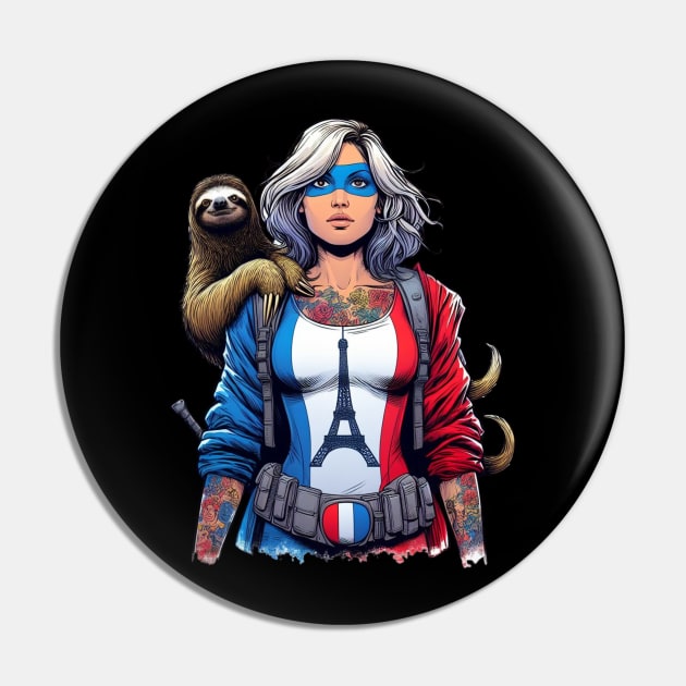 Francais: Female 90's Comic Book Hero with Sloth Pin by Woodpile