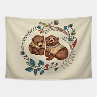 Whimsical Bear Pair with Fantasy Flora Tapestry