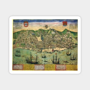 Antique Map of Lisbon, Portugal by Georg Braun and Franz Hogenberg Magnet