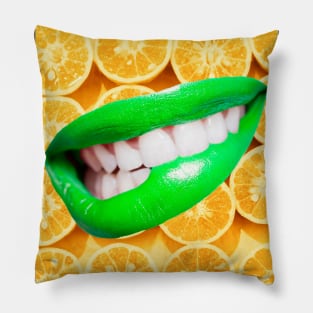 Luscious green lips on a background of zesty oranges Pillow