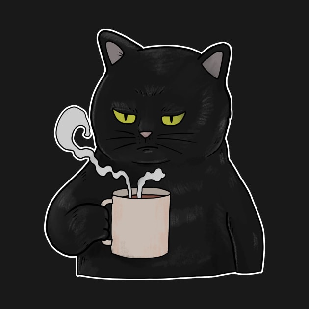 Grumpy Black Cat with Coffee Morning Grouch by Mesyo