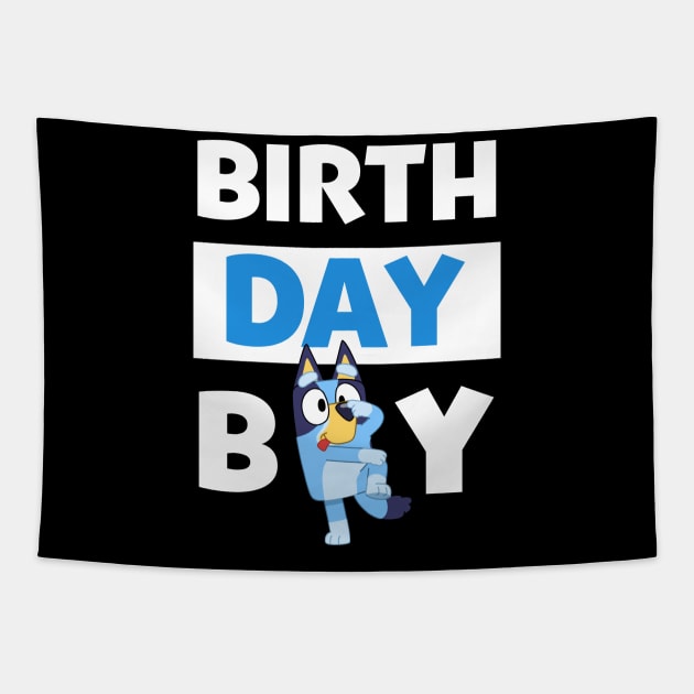 Bluey and Bingo birth day boy Tapestry by Justine Nolanz