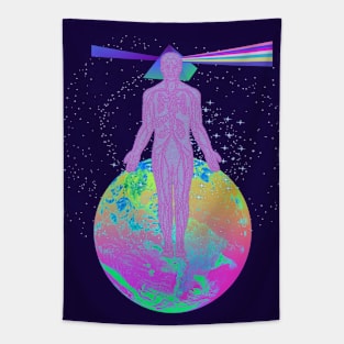 Psychedelic Earth Man Floating Prism Brain Trippy Esoteric Abstract Rainbow Tie Dye Tapestry