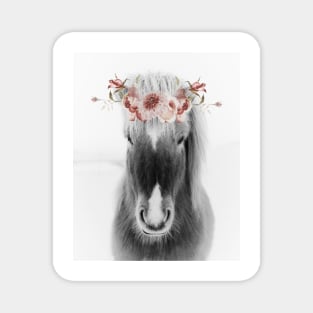 Icelandic Horse Portrait with Flowers, black and white Magnet