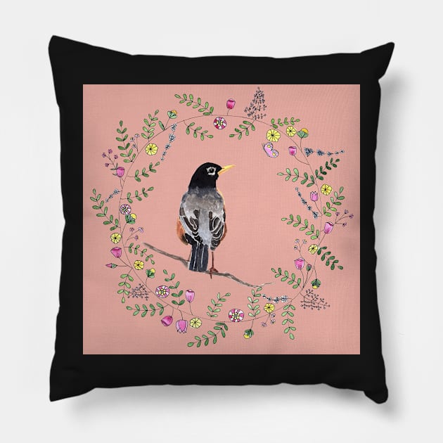 American Robin with Flower Wreath and coral background Pillow by Sandraartist