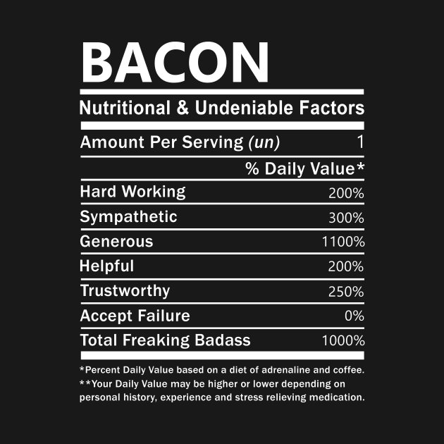 Bacon Name T Shirt - Bacon Nutritional and Undeniable Name Factors Gift Item Tee by nikitak4um