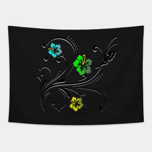 Flowers and Butterfly Blue Tapestry