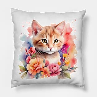 A cat decorated with beautiful colorful flowers in a watercolor illustration. Pillow