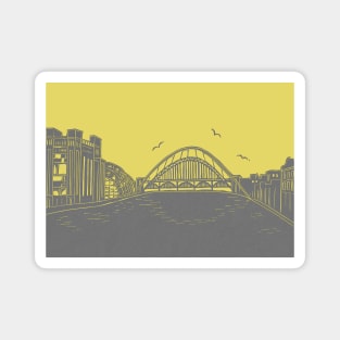 Tyne Bridge and Bridges of NewcastleGateshead Quayside Linocut in Yellow and Grey Magnet