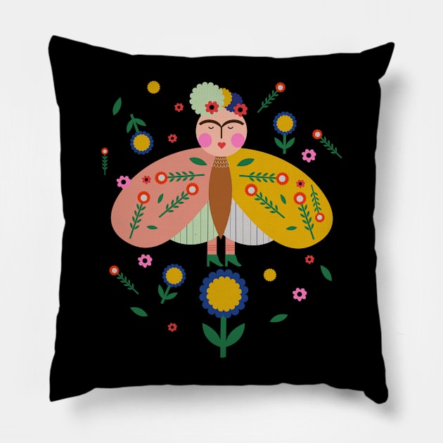 Frida kahlo butterfly colorful summer flowers feminist mexican painter viva la Pillow by sugarcloudlb-studio