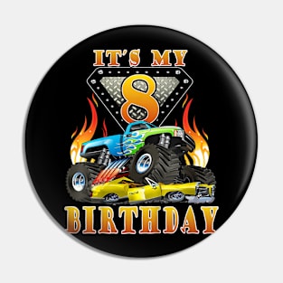 Kids Monster Truck 8 Year Old Shirt 8Th Birthday Boy Monster Car Pin