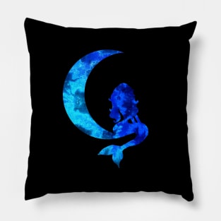 Blue Crescent Moon and Mermaid Silhouette Pillow