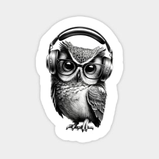 Owl Drawing in Black and White Wearing Headphones Magnet