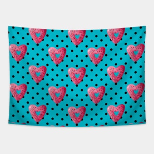 Pink plaid watercolor heart shaped donuts with polka dots on blue background Tapestry