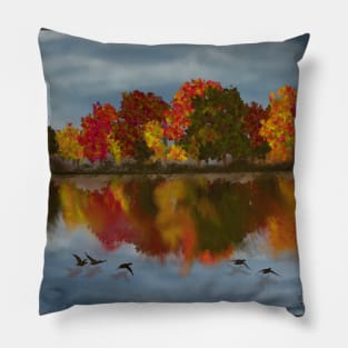 Autumn Days Watching Birds Flying Over Calm Water - Original Art Painting Pillow