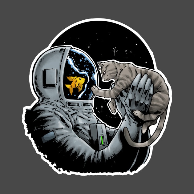 Astronaut - Grey Cat and Fish T-Shirt by SheVibe