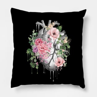 Heart Human Anatomy pink flowers and green leaves Pillow