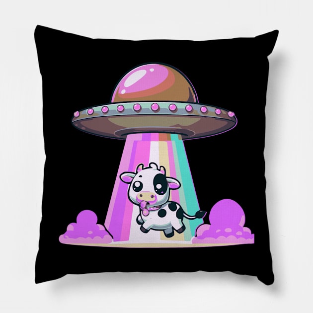 Funny Kawaii Cow UFO Abduction Cute Tongue Out Pillow by Lavender Celeste