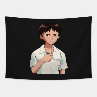 Shinji Holding a Mug HD  90s grain Texture Restored image Neon Genesis Evangelion Tapestry