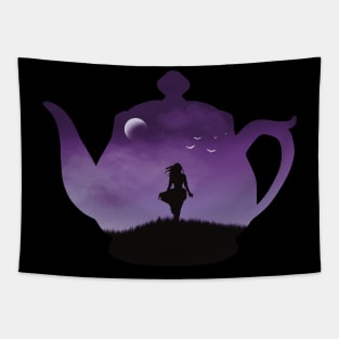 Freedom in a Cup | Tea Kettle Woman Silhouette Under The Moon | Purple Tapestry