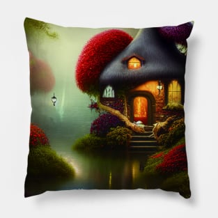 Sparkling Fantasy Cottage with Lights and Glitter Background in Forest, Scenery Nature Pillow